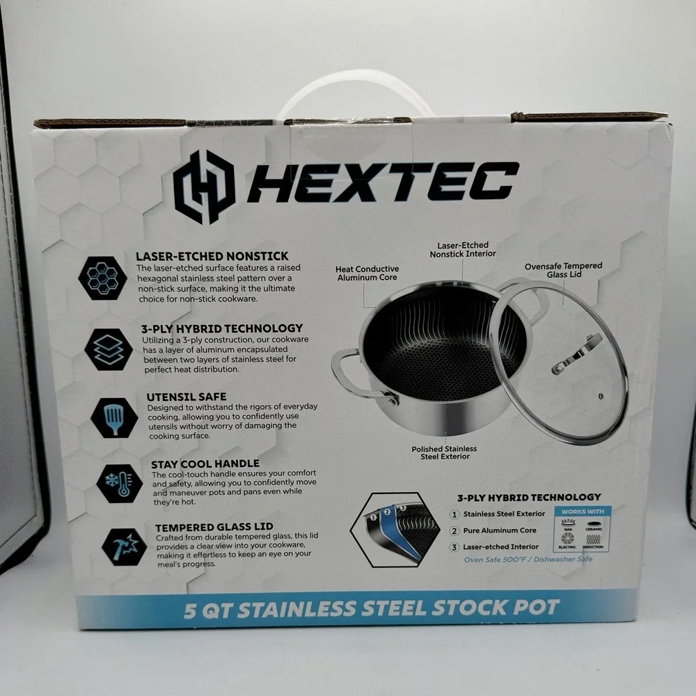 HEXTEC 5QT Stainless Steel Stock Pot w/Tempered Glass Lid 3 Ply Hybrid Brand New